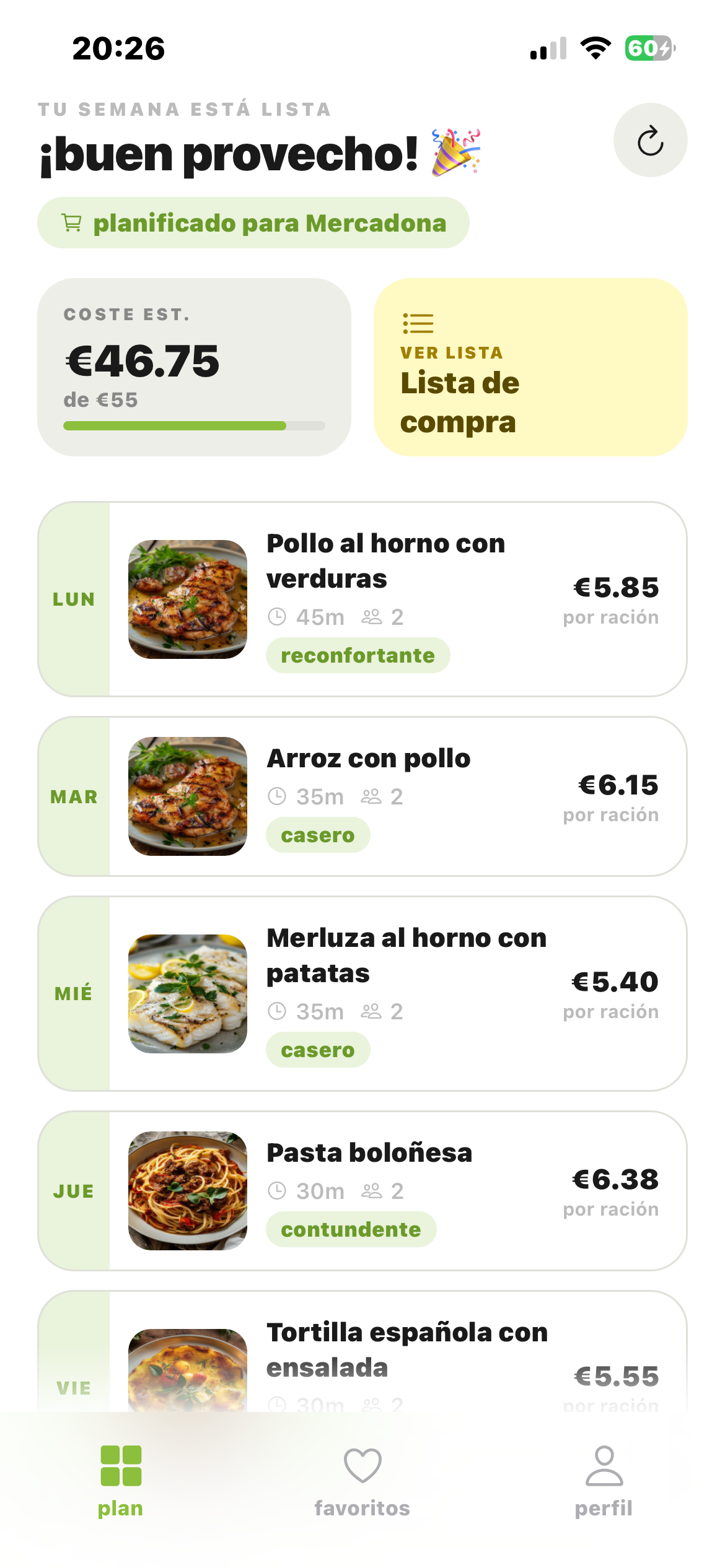 Pantalla de la app de Foodi: tu plan de comidas semanal listo